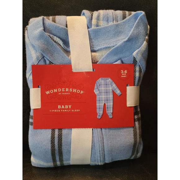 Wondershop 3-6 M light blue Plaid Check Footed Sleeper Family Pajamas Sleepwear - Picture 3 of 5